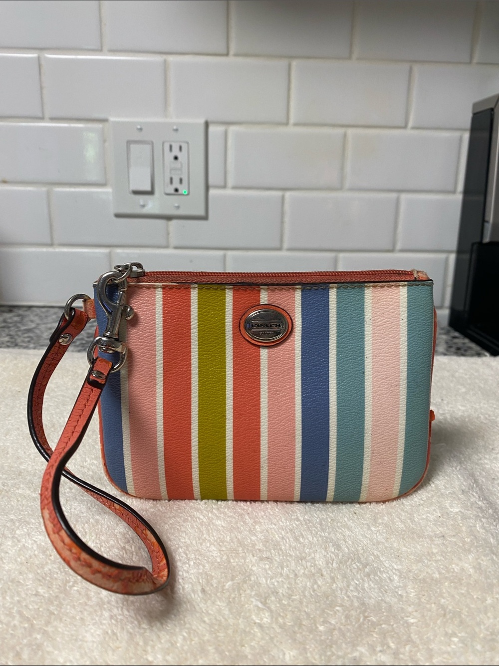 Coach Striped Wristlet with Coral, Pink, Blue & Green
